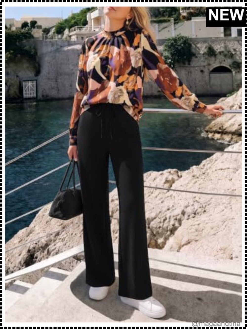 Women 2 Piece Mock Neck Puff Sleeve Top Wide Leg Pant Set